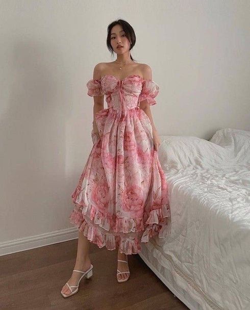 Floral Print Deep Square Neckline Sleeveless Lace Tie Up Dresses